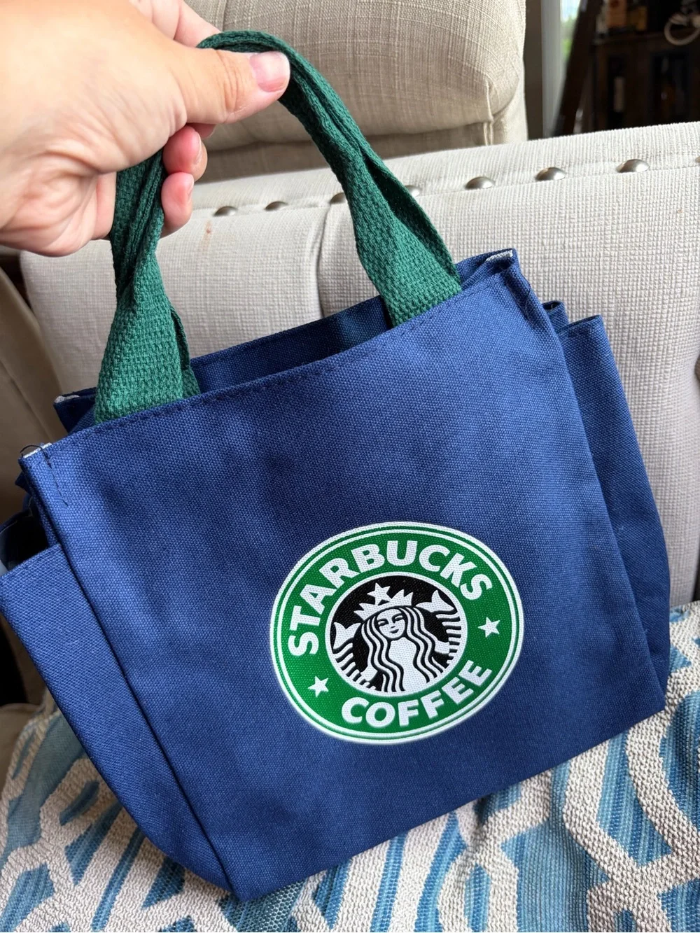 Starbucks Navy Canvas Tote with Green Handles
